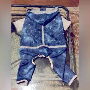 Denim dog hoodie fleece sweatshirt with silver stones crafted on the back.